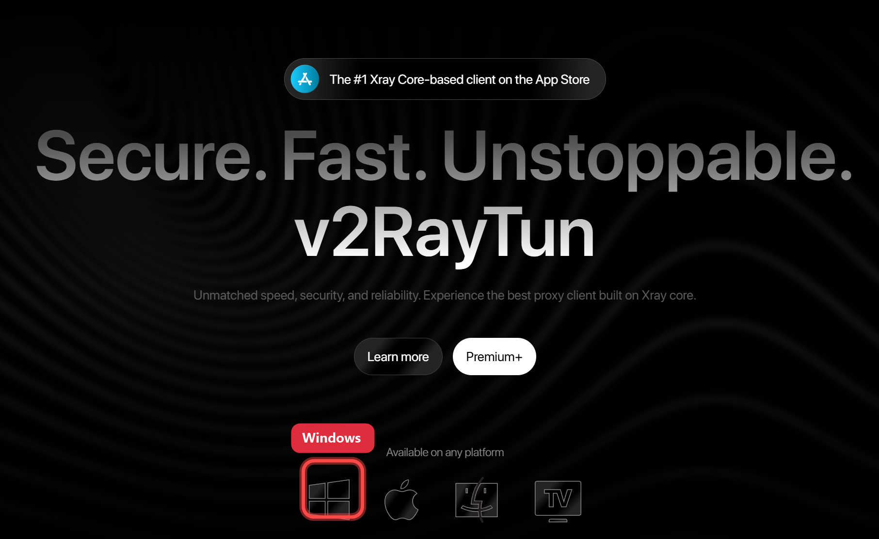 Сайт v2RayTun с выделенным логотипом Windows